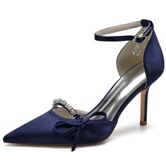 Shop Navy Satin  Ankle Strap Rhinestone Pointed Toe Stiletto Wedding Pumps color Navy for Dancing Club, Date, Party, Wedding with worldwide Free shipping & Free return. Bridal Party Shoes, Wedding Shoes High Heels, Princess Life, Dancing Club, Wedding High Heels, Formal Heels, Wedding Pumps, Party Pumps, Wedding Shoes Heels