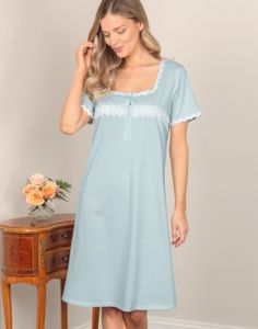 Luxury Italian Linens for Home - Schweitzer Fine Linens Elegant Light Blue Sleepwear For Loungewear, Light Blue Nightgown For Home, Light Blue Cotton Nightgown For Loungewear, Fitted Light Blue Nightgown For Loungewear, Luxury Nightwear, Detailed Embroidery, Cashmere Poncho, Smocked Dress, Fine Linens