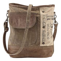 PRICES MAY VARY. CARRY YOUR STYLE: Each Upcycled Canvas Shoulder Bag is unique. The inspirational words “Peace, Patience, Kindness, Goodness” are printed on the copper-studded panel of this rustic tote bag. SUSTAINABLE FASHION: This one-of-a-kind bag is crafted of distressed canvas from repurposed tents and tarps with faux-leather trim. PRACTICAL FEATURES: Tote includes a fully lined interior with zip closure. Exterior features a front flap pocket and a zippered pocket on the opposite side. Bag Bohemian Handbags, Gothic Purse, Boho Tote Bag, Boho Handbags, Boho Tote, Brown Tote Bag, Romantic Fantasy, Boho Purses, Brown Handbag