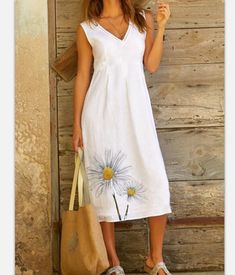 Simple V Neck Dandelion Printed Sleeveless Dress Midi Dress Pattern, Holiday Dresses Women, Daisy Print, Loose Dress, Midi Dress Sleeveless, Mode Inspiration, Womens Midi Dresses, Fashion Styles, Dress Pattern