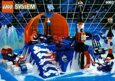 an advertisement for lego system with people on the ice and snow covered ground in front of it