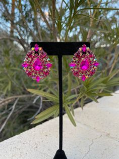 Fuchsia large stud earrings Sparkling Stones Clip-on Earrings For Party, Pink Jeweled Wedding Earrings, Party Sparkling Stones Clip-on Earrings, Glamorous Pink Crystal Jewelry, Glamorous Rhinestone Jewelry For Prom, Glamorous Prom Jewelry With Rhinestones, Pink Jeweled Crystal Earrings For Wedding, Party Drop Clip-on Earrings With Rhinestones, Glamorous Rhinestone Earrings