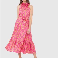 Brand New With Tags! Pink Ruffled Sundress Maxi Dress, Chic Pink Midi Dress For Day Out, Chic Pink Floral Print Midi Dress, Pink Sundress Midi Dress For Vacation, Pink Midi Dress For Garden Party, Pink Midi Length Dress For Spring, Feminine Pink Midi Dress For Brunch, Pink Midi Dress For Spring, Pink Sundress Maxi Dress For Garden Party