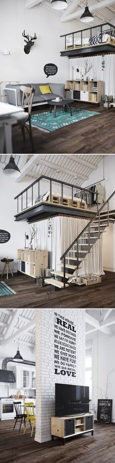 three different views of a living room and dining area in an open floor plan, with stairs leading up to the second floor