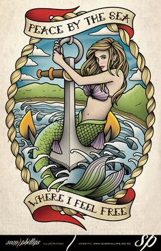 a mermaid with an anchor and banner in the background that says peace by the sea, where it feel free