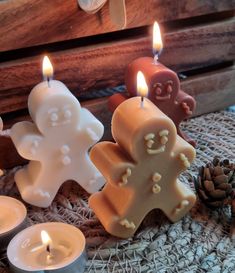 three candles are sitting next to each other on a table with pine cones and decorations