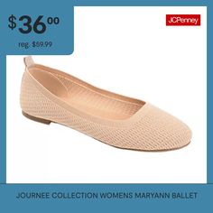 The ultimate wear-them-everywhere flats, the Maryann by Journee Collection. This ballet flat is detailed with a round-toe and a tab at the heel for a classic look. A 4 mm true comfort foam footbed creates a supportive fit, and knit fabric uppers add a modern touch.Features: ComfortClosure Type: Slip-OnFootwear Technology: Memory Foam InsoleUpper/Outer Base Material: 100% Fabric UpperShoe Lining Material: FabricSole Material Content: 100% SyntheticToe Type: Round ToeCare: Spot CleanHeel Style: B… Shoes Ballet Flats, Journee Collection, Ballet Flat Shoes, Ballet Flat, Classic Looks, A 4, Ballet Flats, Memory Foam, Knit Fabric