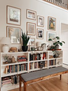 a bookshelf filled with lots of books and plants