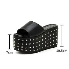 Rivet Wedge High Heel Gothic Punk Shoes Details: Heel Height: Super High (8cm-up) With Platforms: Yes Platform Height: 5-7cm Sandal Type: Modern Sandals Gender: Female Age: Adult Occasion: Casual Upper Material: PU Outsole Material: RUBBER Pattern Type: Solid Side Vamp Type: Open Fit: Fits true to size, take your normal size Style: punk Heel Type: Wedges Lining Material: PU Closure Type: SLIP-ON Item Type: sandals Fashion Element: rivet Insole Material: PU Department Name: ADULT Black Edgy Wedge Sandals For Summer, Edgy Summer Wedge Sandals With Round Toe, Edgy Wedge Sandals With Round Toe For Summer, Summer Concert Heels With Round Toe, Casual Platform Wedge Boots For Party, Round Toe Platform Sandals For Concert, Platform Sandals With Round Toe For Concert, Summer Concert Synthetic Heels, Synthetic Summer Heels For Concert