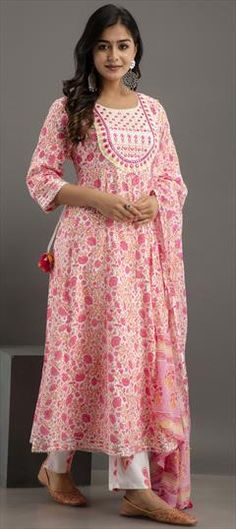 Pink and Majenta color Salwar Kameez in Rayon fabric with Digital Print, Embroidered, Floral, Gota Patti, Resham, Thread work Traditional Pink Churidar With Printed Motifs, Pink Churidar With Printed Motifs For Festivals, Festive Pink Churidar With Printed Motifs, Diwali Pink Churidar With Printed Motifs, Pink Churidar With Printed Motifs For Eid, Pink Lawn Suit With Pallu For Navratri, Pink Anarkali Lawn Suit With Pallu, Party Wear Salwar Kameez, Gota Patti Work