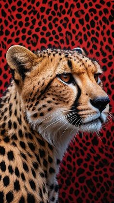 a cheetah sitting in front of a red background