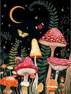 a painting of mushrooms and butterflies in the night sky