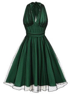 Step into festive elegance with Retro Stage's Green 1950s Christmas Halter Polka Dots Mesh Dress. Embrace the holiday spirit in style. Retro Stage, Vestidos Retro, Standard Dress, Vestidos Vintage, Festival Outfit, Denim Pant, Dress Romper, Mesh Dress, Retro Dress