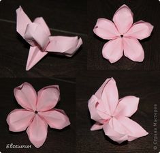 four different views of origami flowers on a black surface, one is pink and the other is light pink