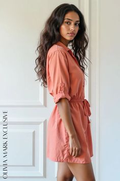 Olivia Mark - Sultry Coral Shirtdress with Elastic Waist and Tie Detail Shirtdress, Olivia Mark, Elastic Waist, Coral, Elastic