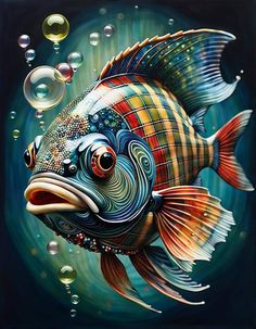 a painting of a fish with bubbles in the background