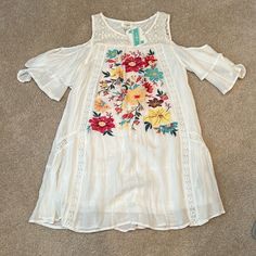 Umgee Cold Shoulder Embroidered Dress, Size Small, White With Colorful Flowers, Lined, So Cute! Summer Off-shoulder Floral Embroidered Dress, Bohemian Embroidered Off-shoulder Summer Dress, Sage Maxi Dress, Multicolor Embroidered V-neck Beach Dress, Beach Embroidered Dress With V-neck And Embroidered Hem, Oversized Tunic Dress, Embroidered Multicolor Beach Cover-up Dress, Short Shift Dress, Patio Dress