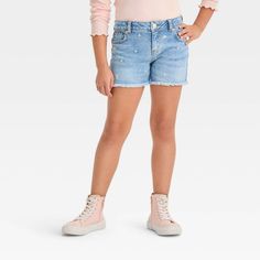 Girls' Mid-rise Cut-off Floral Embroidery Jean Shorts - Cat & Jack™ Light Wash M : Target Functional Style, Comfy Wear, Twin Mom, Blue Jean Shorts, Cut Off Jeans, Laid Back Style, Bottom Clothes, Denim Fabric, Pocket Design