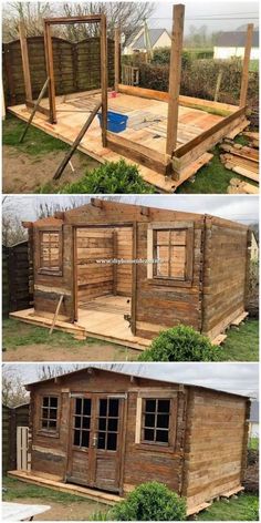 two pictures showing the different stages of building a wooden house with wood sidings and windows