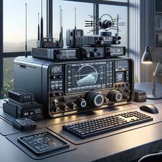 an old fashioned radio sitting on top of a desk next to a keyboard