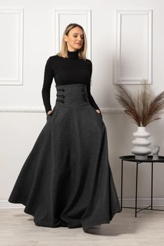 High Waist Edwardian Walking Skirt Wool Maxi Gored Skirt With - Etsy Plus Size Formal Skirts, Maxi Skirt Suits For Women, Walking Skirt Edwardian, Skirts For Winter Outfits, Dark Feminine Plus Size, Pants That Look Like Skirts, Plus Size Dark Academia Fashion, Elegant Winter Dresses, Victorian Walking Skirt