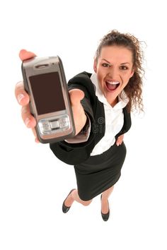 a woman in business attire is holding up her cell phone and smiling at the camera