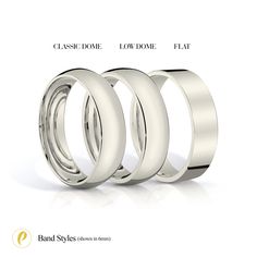 three different types of wedding rings with the names classic dome, low dome and flat