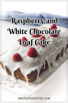 raspberry and white chocolate loaf cake with icing on a serving platter