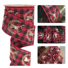 PRICES MAY VARY. ⛄ Design- Reindeer with red and black plaid. Classic gold deer silhouettes glisten on a cozy red and black plaid wired ribbon. It can be used to wrap around your Christmas tree, staircase Ballard or as an elegant rustic finishing touch to your Christmas gift wrapping and Christmas bows making. 🎄 Size- Christmas reindeer ribbon measures 2.5 inch wide and 10 yards(30 feet ) continuous long each roll. This Christmas wired ribbon crafted from classic red and black plaid, with this Tree Staircase, Tree Top Bow, Ribbon For Christmas Tree, Christmas Tree Wreaths, Tree Wreaths, Christmas Tree Ribbon, Christmas Wired Ribbon, Gold Deer, Tree Ribbon