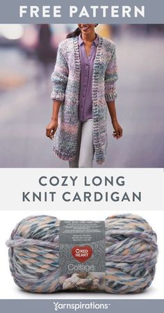 the knitting pattern for cozy long knit cardigan is shown in blue, pink and white