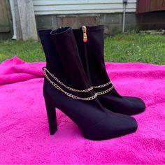 Fashion Nova Booties Size 10 Zip Up With Little Gold Chains Like New, Never Worn Besides Try Ons Chain Boots For Party In Fall, Chain Boots For Fall Party, Trendy Party Boots With Chain Detail, Trendy Chain Boots For Party, Square Toe Heels With Chain Strap For Party, Party Boots With Chain Detail, Party Heels With Chain Strap And Square Toe, Trendy Chain Boots For Fall, Party Boots With Chain Strap For Fall