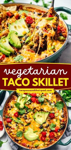 Looking for more vegetarian food ideas for dinner? Try this Vegetarian Taco Skillet! It's made with beans, quinoa, vegetables, cheese, and your favorite Mexican flavors. Pin this delicious vegetarian dinner recipe! Quick And Easy Meatless Dinner Recipes, Chickpea Tacos Recipes, Meatless Dinners Easy, Easy Vegetarian Casserole, Burrito Bowl Vegetarian, Easy Dinner Vegetarian, Clean Eating Recipes Vegetarian, Vegetarian Food Ideas, Vegetarian Casseroles