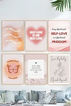 A set of 6 Motivational Self-Love Posters, Mental Health Reminders, Daily Affirmations, Self-Care Therapy Quote Posters, and Aesthetic Wall Art. The posters say 1. Every body is beautiful, 2. Self-love is the best-love, 3. Every step toward self-love is a step toward freedom, 4. Healings starts from within, 5. You are enough just as you are., and 6. Love thy body, nourish thy soul. Therapist Office Design, Therapy Quotes, Freedom Love, Therapy Office Decor, Motivation Poster