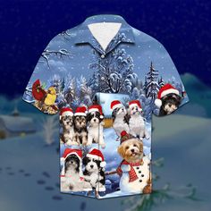 a shirt with dogs wearing santa hats and holding a snowman in the background,