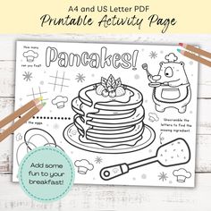 a printable pancake coloring page with the words pancakes and an image of a panda bear