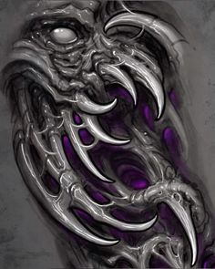 an artistic drawing of a dragon head with purple and silver paint on it's face