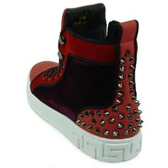 Encore Fiesso Men's Fashion High Top Sneakers with Spikes Red FI 2348 Size 8 -13 PU Faux Leather Upper, PU Lining and Rubber Sole Lace up Spikes in the back of the shoes Trimmed in Red and Burgundy Velvet White Bottoms Winter High-top Sneakers With Red Sole, Winter Low-top Sneakers With Red Sole, Red Casual High-top Sneakers With Studded Outsoles, Red Casual Custom Sneakers With Studded Outsoles, Winter Lace-up Sneakers With Red Sole, Designer Low-top Winter Sneakers, Red High-top Custom Sneakers With Studded Outsoles, Red Designer High-top Sneakers For Streetwear, Red Winter Sneakers With Rubber Sole