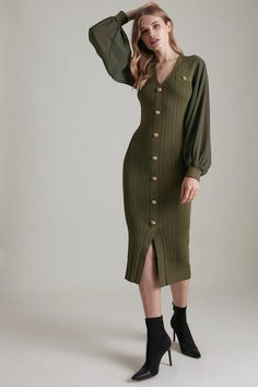 Military Knit Georgette Sleeve Pencil Dress Khaki Dress, The Military, Karen Millen, Khaki Green, Pencil Dress, Fashion Face, Powerful Women, Beautiful Outfits, Dress Collection