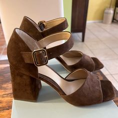 Antonio Melani From Dillards, New Open Toe, Suede, Block Heel, 3.3”, Buckled Sandals, Brown. Suede Heels With Buckle Closure And Medium Width, Medium Width Suede Heels With Buckle Closure, Suede Sandals With 4-inch Block Heel, Suede Sandals With Ankle Strap In Medium Width, Suede Closed Toe Sandals With 4-inch Heel, Suede Sandals With 4-inch Heel And Closed Toe, Closed Toe Suede Sandals With 4-inch Heel, Closed Toe Suede Heels With Buckle Closure, Suede Closed Toe Heels With Buckle Closure