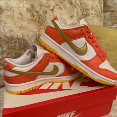 Nike Dunks! Brand New, Never Worn! No Creases, No Marks!! Size 7 W/ 5.5 M Nike Orange, Gold Orange, Orange Gold, Nike Dunks, Nike Shoes, Nike Women, Athletic Shoes, University, Size 7