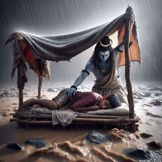 a man laying on top of a bed in the rain