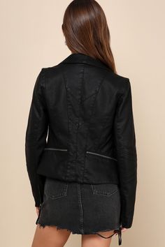 Weekday or not, spice up the night with the Lulus Up on a Tuesday Black Vegan Leather Jacket! This sleek moto jacket has a collared neckline, long sleeves with zipper cuffs, and eye-catching top-stitching throughout. Gunmetal zippers provide a centered front zipper, decorative zipper pockets, and horizontal zips above the hem. Fit: This garment fits true to size. Length: Size medium measures 22.5" from shoulder to hem. Bust: Great for any cup size. Waist: Loosely Fitted. Undergarments: May be wo Chic Fitted Biker Jacket With Metal Zipper, Fitted Biker Jacket For Spring Night Out, Fall Biker Jacket With Zipper Closure For Night Out, Chic Fitted Leather Jacket With Metal Zipper, Spring Fitted Outerwear With Metal Zipper, Fitted Biker Jacket With Metal Zipper For Spring, Fitted Spring Outerwear With Metal Zipper, Chic Fitted Biker Jacket With Zipper Closure, Fitted Cropped Jacket With Zipper For Night Out