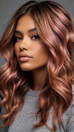 See stunning pink hair transformations that suit tan skin. Visit our page for more before-and-after looks! Save this pin for future inspiration.  #PinkHairTransformations #TanSkinBeauty #BeforeAndAfte Pinkish Brown Hair, Copper Rose Gold Hair, Auburn Blonde, Highlights Subtle, Blonde Colors, Pink Hair Ideas, Pink Goddess, Peach Hair Colors, Pink Hair Color Ideas