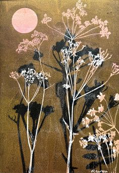 an abstract painting of flowers with the moon in the background on a brown and black surface