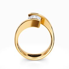 a yellow gold ring with a single diamond on the top and bottom, set against a white background