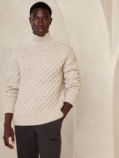 This warm wool-blend sweater uses a mock neck and a vintage-inspired honeycomb-like stitch to add luxurious texture.  Standard fit.  Mock neck.  Straight hem.  Standard fit.  Long sleeves.  Hip length.  Model: Size M, 6'2" (188cm). Icelandic Wool Sweaters, Men's Knitwear, Black Mock Neck, Men's Sweaters, Man Up, Knitwear Men, Mock Neck Sweater, Wool Blend Sweater, Wool Sweater