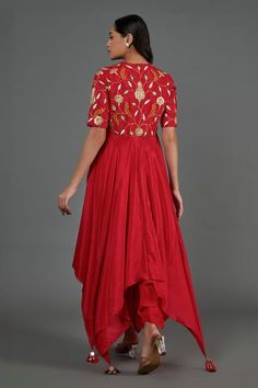 Buy Red Cotton Silk Embroidered Floral Round Thread Asymmetric Kurta For Women by Blue Lotus Design Online at Aza Fashions. Embroidered Evening Dress For Navratri, Embroidered Evening Kurta With Traditional Drape, Fitted Embroidered Dress With Traditional Drape, Red Anarkali Dress With Dupatta, Festive Silk Embroidered Dress With Traditional Drape, Silk Embroidered Dress With Traditional Drape For Designer Wear, Fitted Red Dresses For Transitional Season, Fitted Red Dress For Transitional Season, Red Fitted Dress For Transitional Season