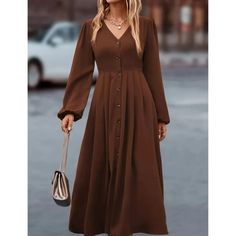 Winter Midi Dress With Buttons, Chic Brown Midi Dress With Buttons, Brown Fall Midi Dress With Button Closure, Solid Buttoned Dresses For Fall, Buttoned Dresses For Fall, Solid Fall Dress With Buttons, Fall Solid Color Dress With Buttons, Fall Solid Color Buttoned Dresses, Brown Long Sleeve Midi Dress With Buttons