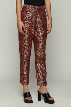 Wine straight pant with all over geometric brocade pattern. - Aza Fashions Wine Pants, Brocade Pattern, Pant Women, Buy Wine, Women Pants, Straight Pants, Pants Trousers, Aza Fashion, Geometric Pattern