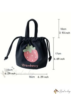 Bird in Bag - Strawberry Print Canvas Dotted Cosmetic Bag, Lunch Bag, Snack Storage Pouch, Tote Bag, Ideal for Travel and Cute Portable Lunch Bag, Cute Pouch Bucket Bag For Daily Use, Cute Bucket Bag For Daily Use, Cute Daily Use Pouch Bucket Bag, Casual Portable Pouch For Gifts, Cute Black Bag With Zipper Pouch, Cute Black Zipper Pouch Bag, Large Capacity Tote Pouch For Gifts, Large Capacity Pouch Lunch Bag For School